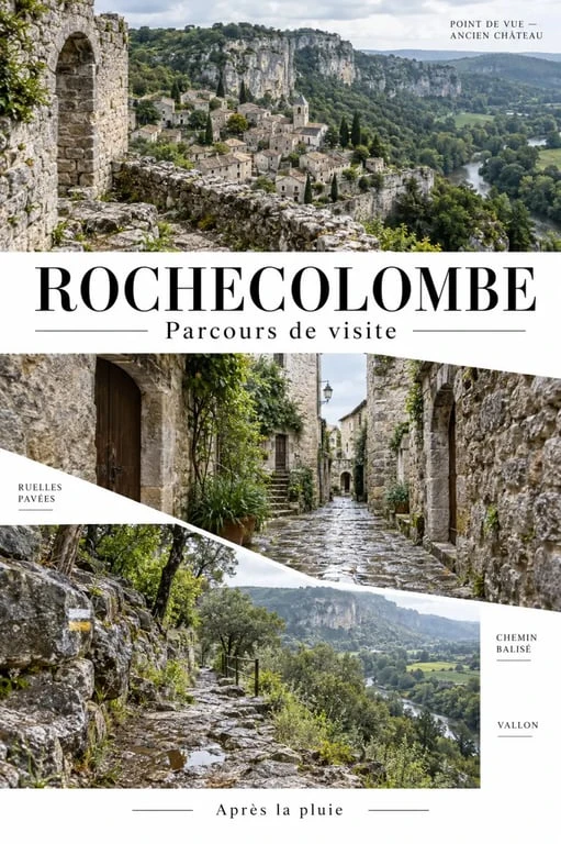 Rochecolombe waterfall et village médiéval vus depuis le chemin de visite