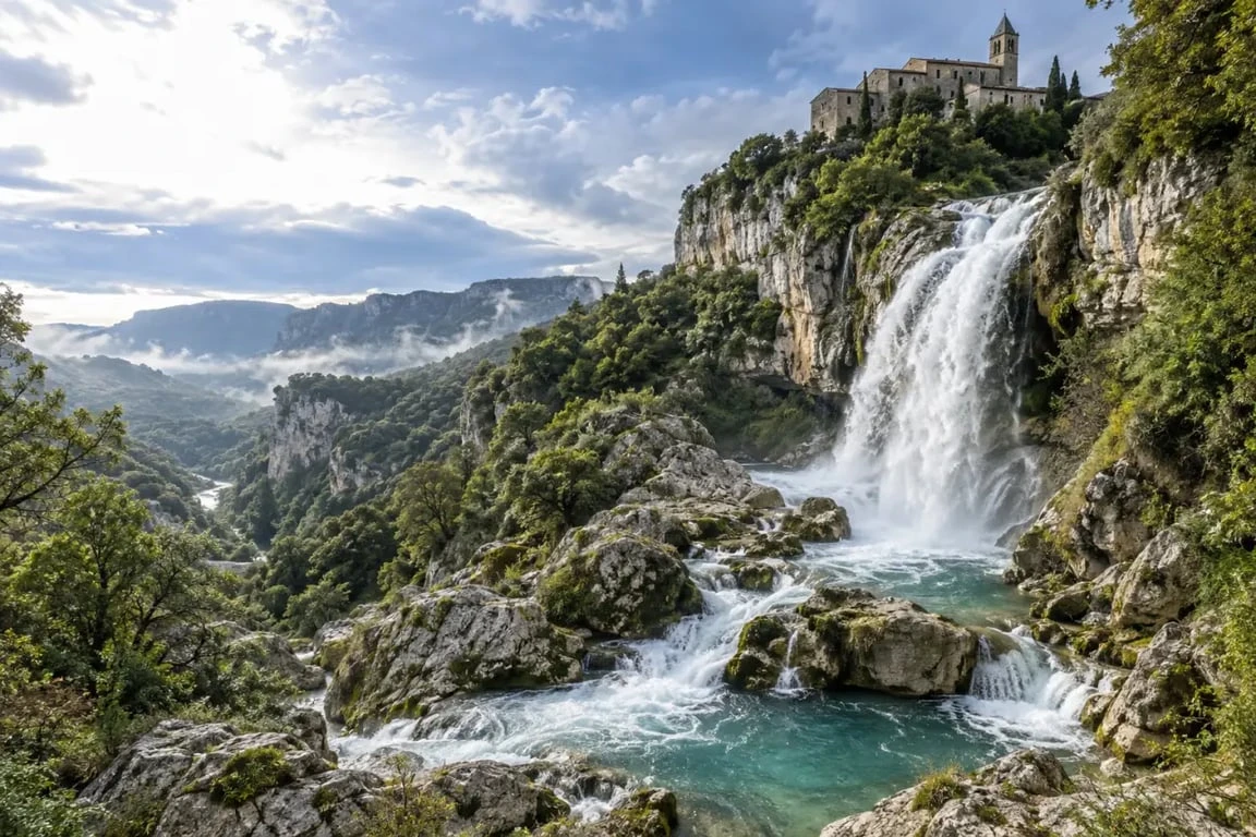 Rochecolombe waterfall après la pluie au pied du village médiéval en Ardèche