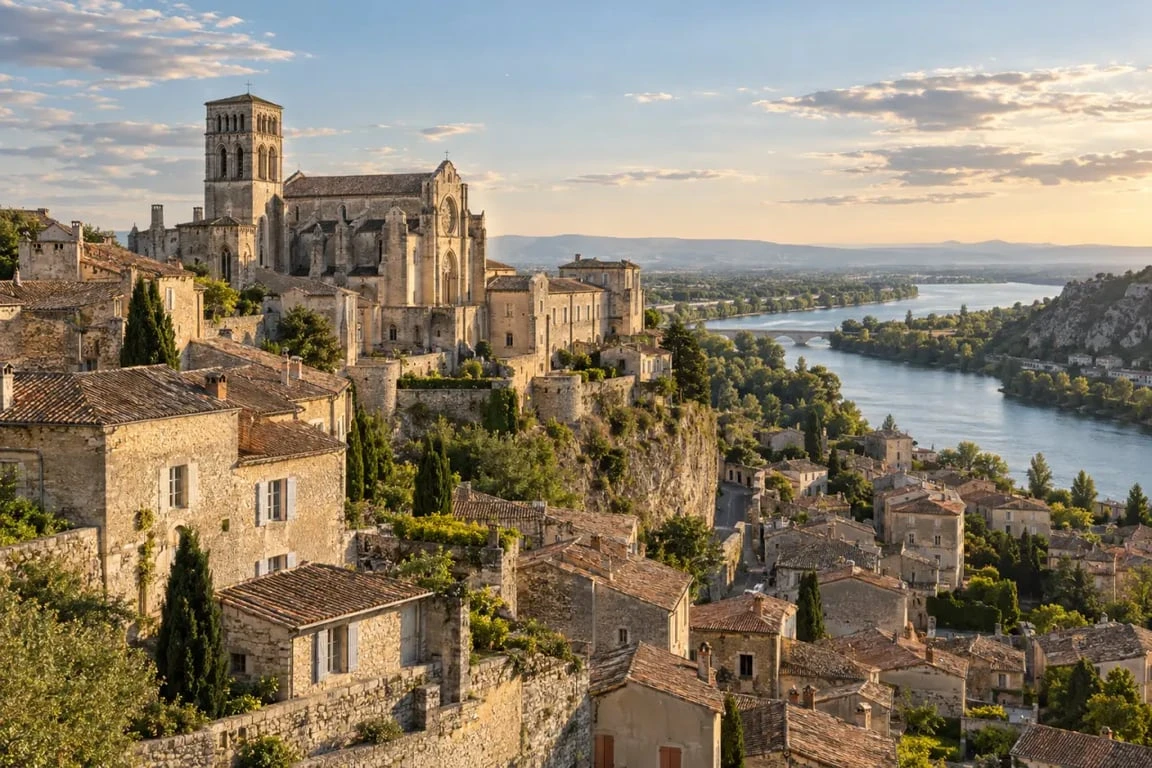 Visiter Viviers en Ardèche : vue sur la ville haute, la cathédrale Saint-Vincent et le Rhône