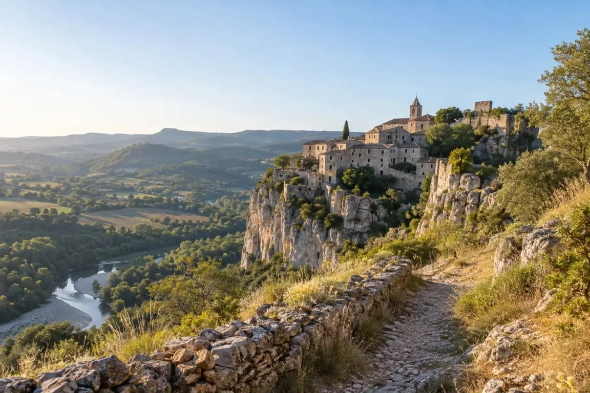Randonnée Rochecolombe Ardèche avec vue sur le vieux village perché et les sentiers calcaires