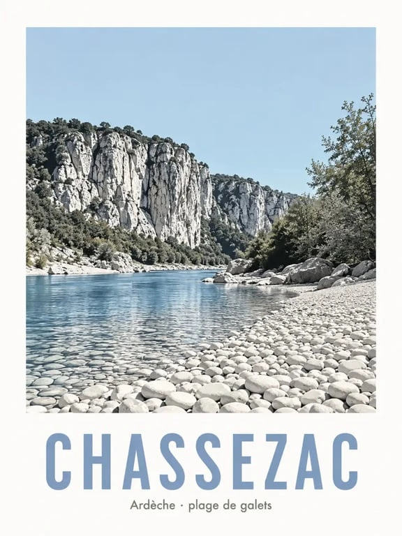 Plage du Chassezac en Ardèche avec galets, eau claire et falaises calcaires