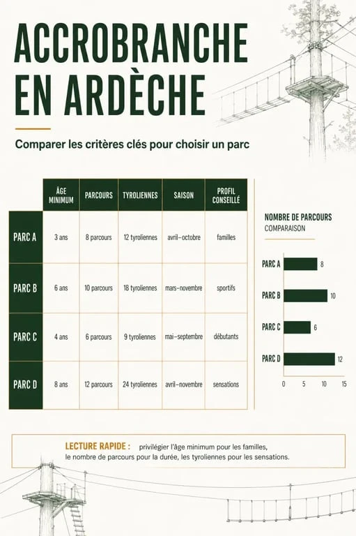 Accrobranche ardeche : visuel comparatif des critères essentiels pour choisir un parc