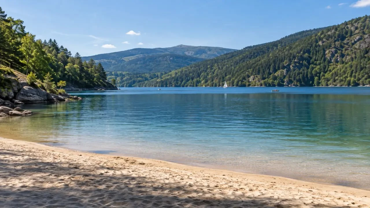 Plage du lac de Villefort en Lozère avec plage de sable, lac et reliefs boisés