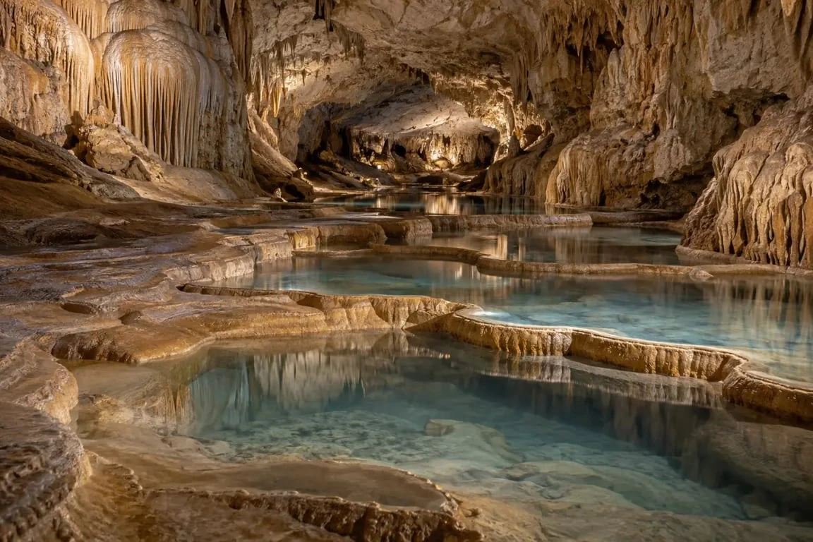 Grottes d’Ardèche : gours et bassins de calcite dans la grotte Saint-Marcel
