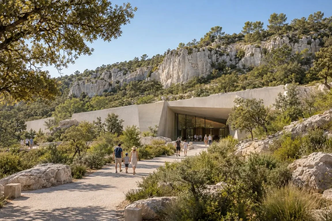 Grottes d’Ardèche : site de Chauvet 2 dans le paysage calcaire près de Vallon-Pont-d’Arc