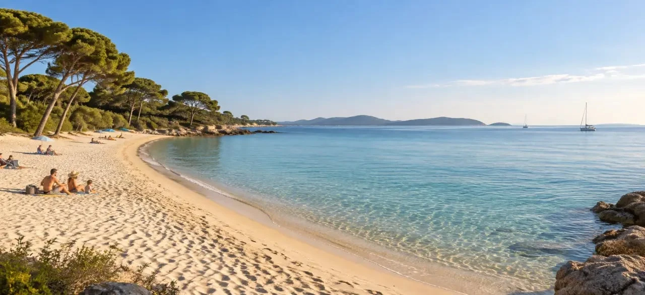Plage de l’Argentière à La Londe-les-Maures bordée de pins parasols