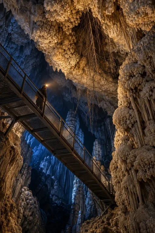 Grotte en Ardèche Aven Forestière avec concrétions choux-fleurs et racines suspendues