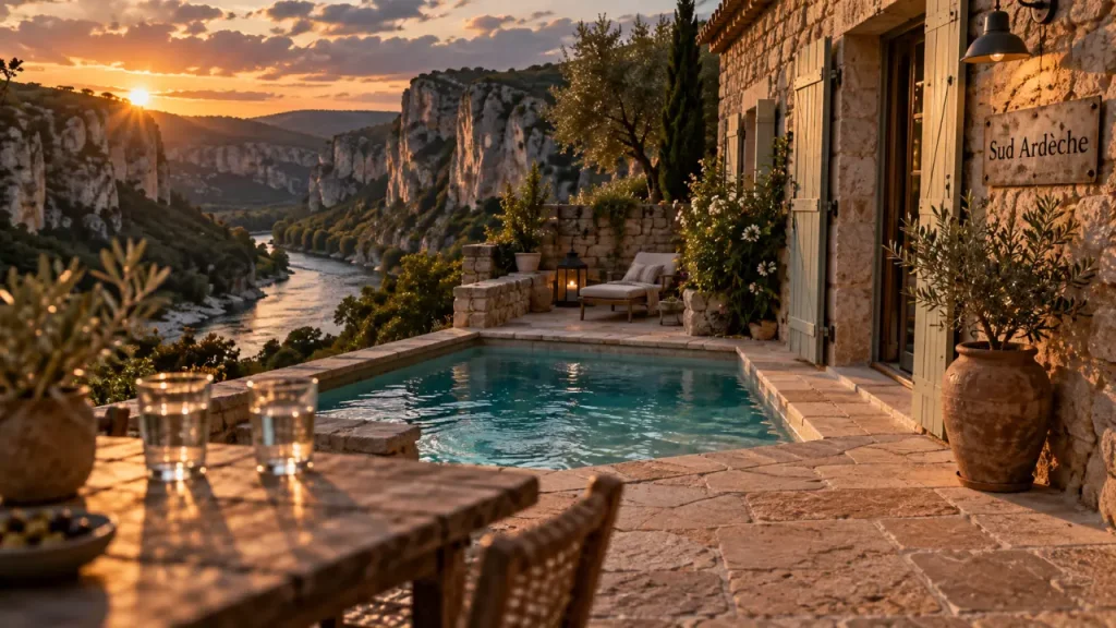 Gite en ardeche sud : terrasse avec piscine et falaises