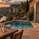 Gite en ardeche sud : terrasse avec piscine et falaises