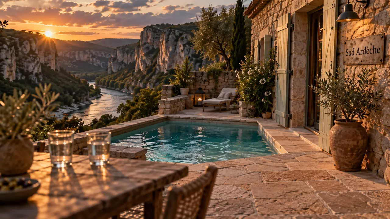 Gite en ardeche sud : terrasse avec piscine et falaises