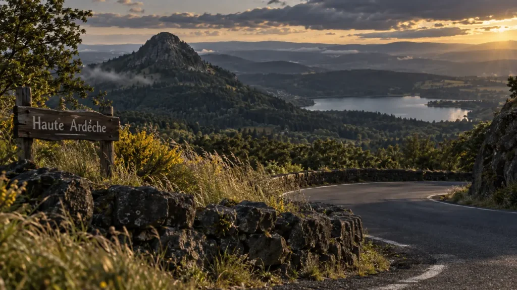 Haute Ardèche : route de montagne vers lac d’Issarlès et Mont Gerbier-de-Jonc