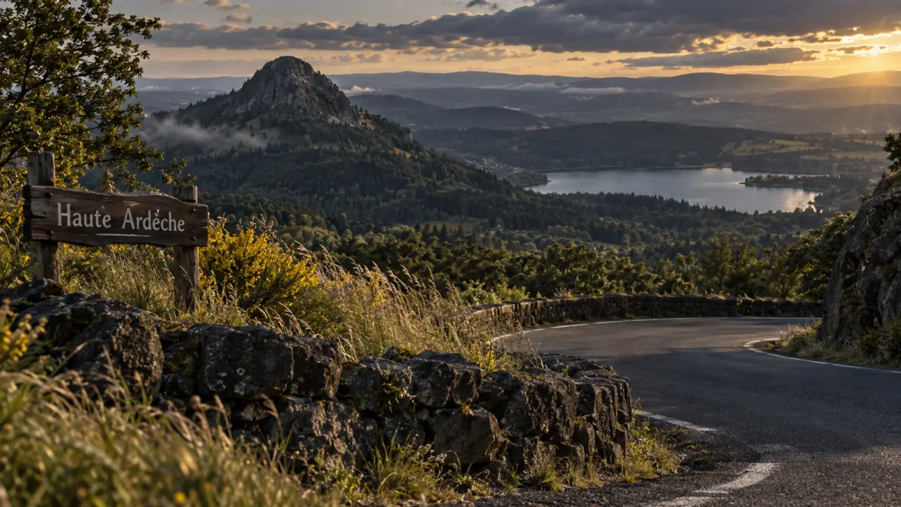Haute Ardèche : route de montagne vers lac d’Issarlès et Mont Gerbier-de-Jonc
