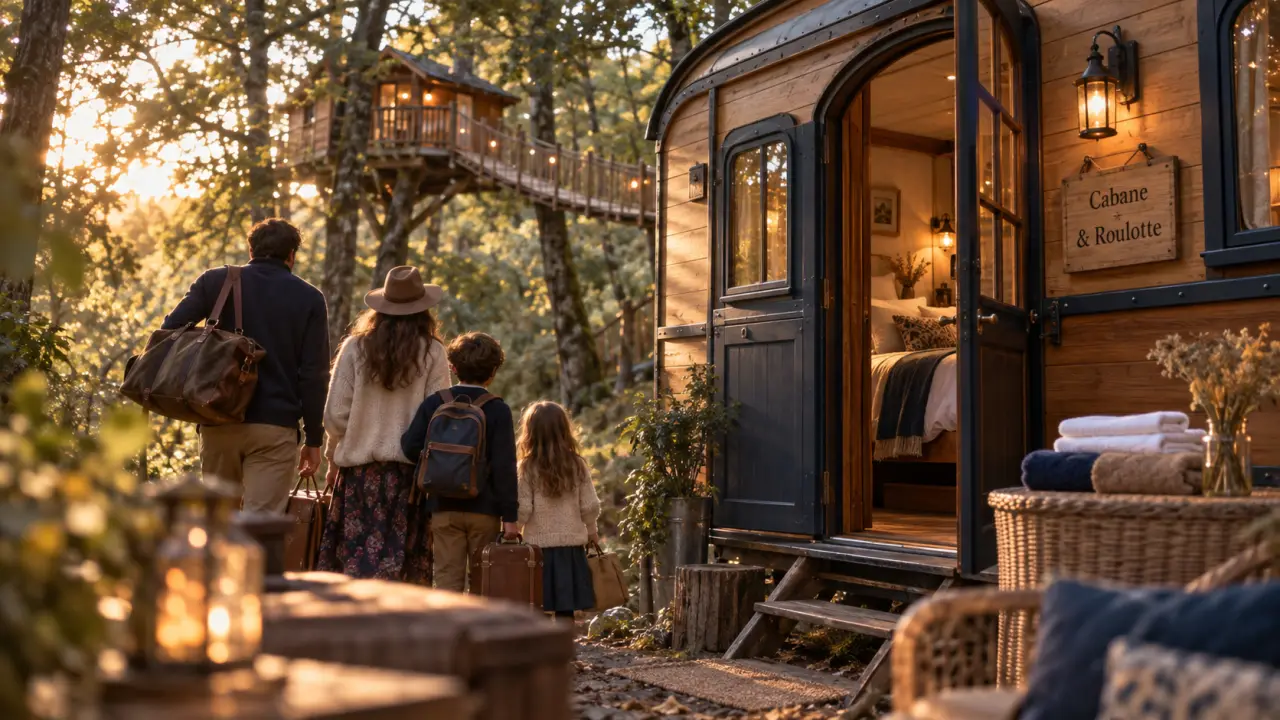 Hébergement insolite en famille : roulotte et cabane, vue extérieure