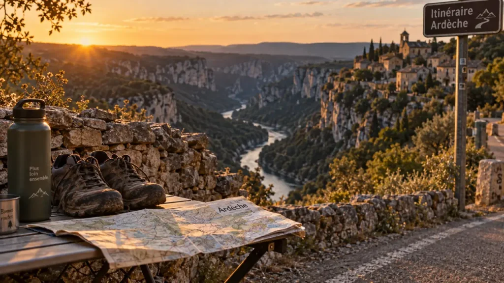 Itineraire ardeche : route sinueuse, gorges et village en pierre