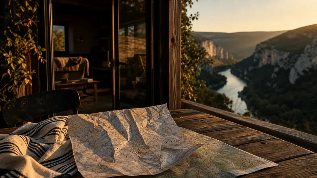 Location Ardèche vacances : vue sur gorges et rivière depuis une terrasse