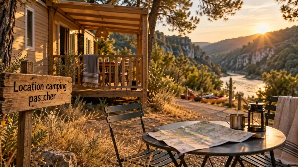 Location camping Ardèche pas cher près des gorges, mobil-home au bord de la rivière