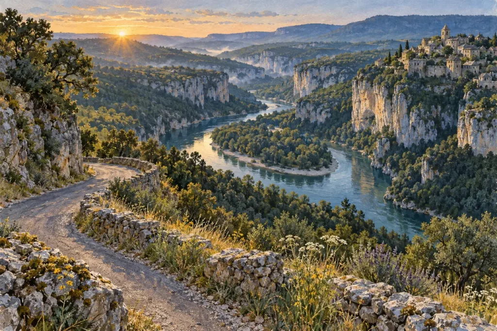 Paysage ardeche : gorges, belvédères et village au lever du jour