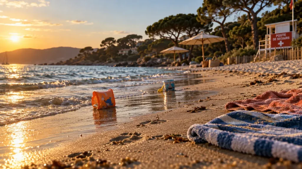 Plage de l’Argentière à La Londe-les-Maures au golden hour, sable et eau peu profonde