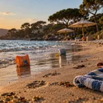 Plage de l’Argentière à La Londe-les-Maures au golden hour, sable et eau peu profonde