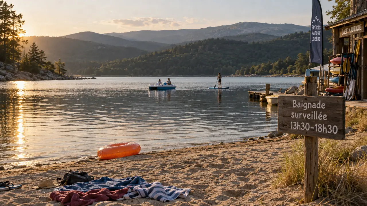 Plage du lac de villefort : baignade surveillée et activités nautiques, pédalo et paddle