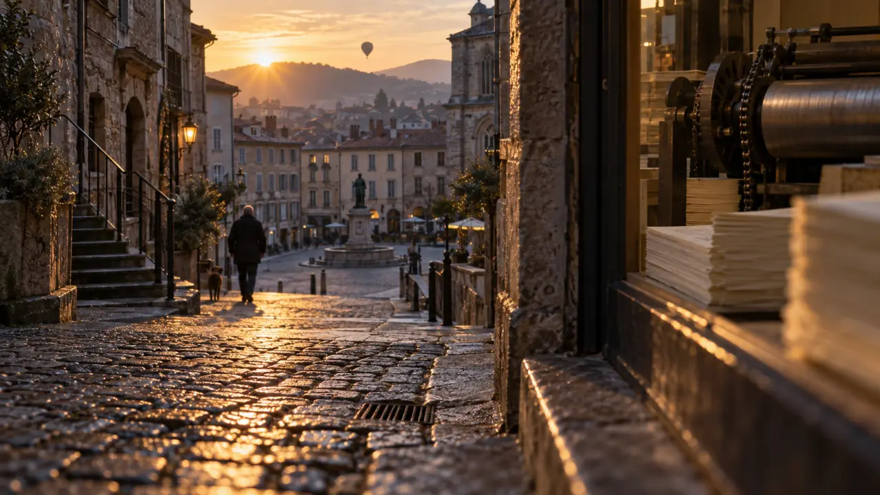 Que faire a Annonay : montgolfière au lever du jour sur les ruelles