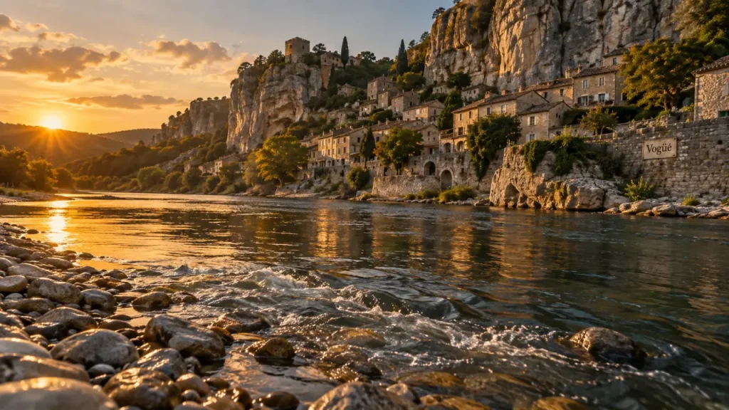 Que faire à Vogüé Ardèche : village sur la falaise et rivière Ardèche