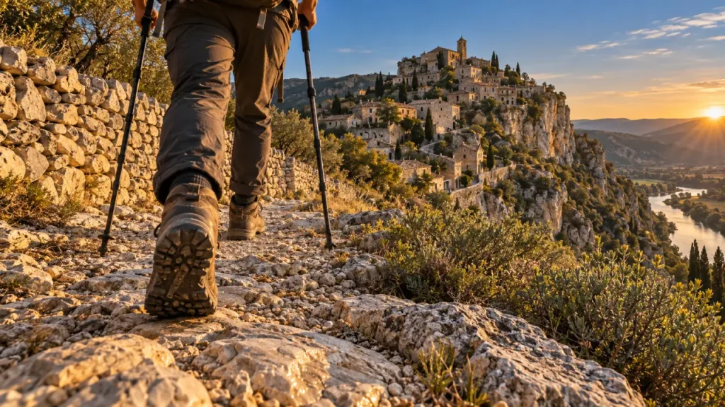 Randonnée rochecolombe ardèche : sentier calcaire vers le vieux village perché