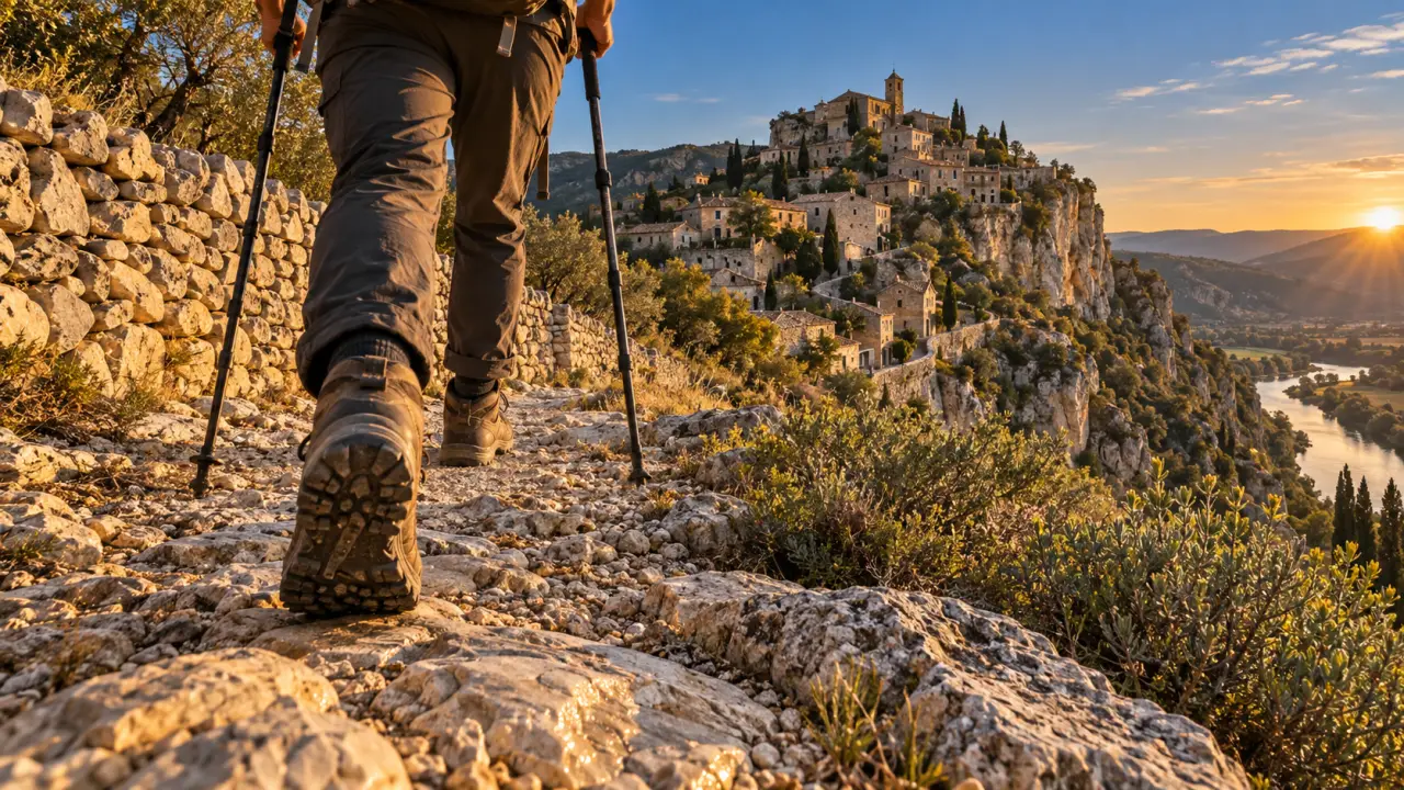 Randonnée rochecolombe ardèche : sentier calcaire vers le vieux village perché