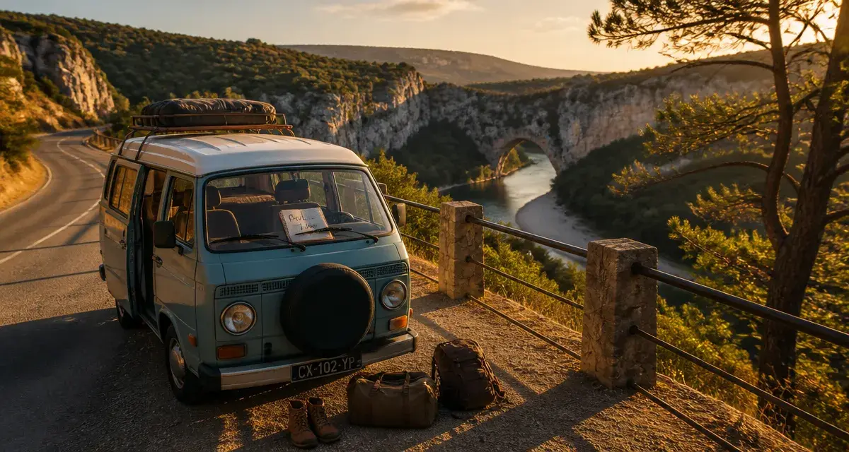 Road trip ardèche : van au Pont d’Arc, gorges et route sinueuse
