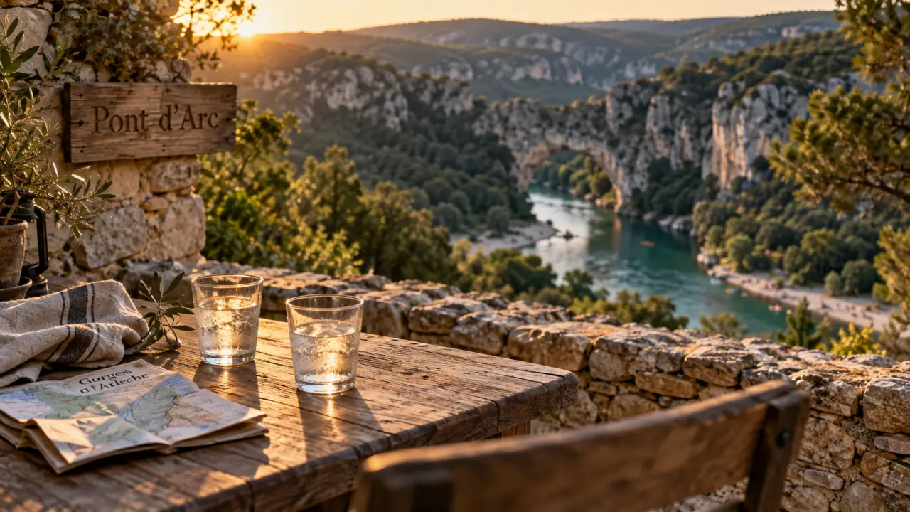 Sejour ardeche : terrasse avec vue Pont d’Arc sur les gorges