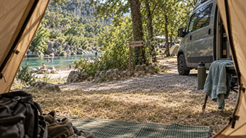 Terrain de camping Ardèche au bord de la rivière, ombre et accès gorges