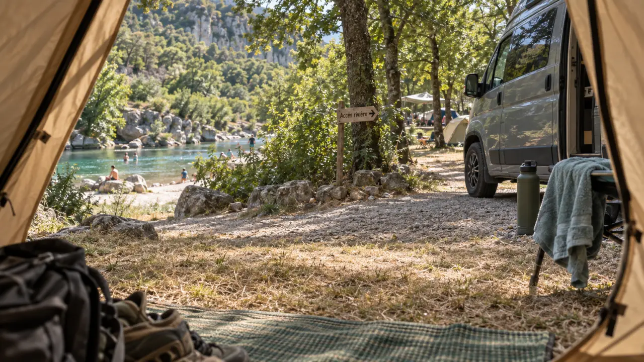 Terrain de camping Ardèche au bord de la rivière, ombre et accès gorges