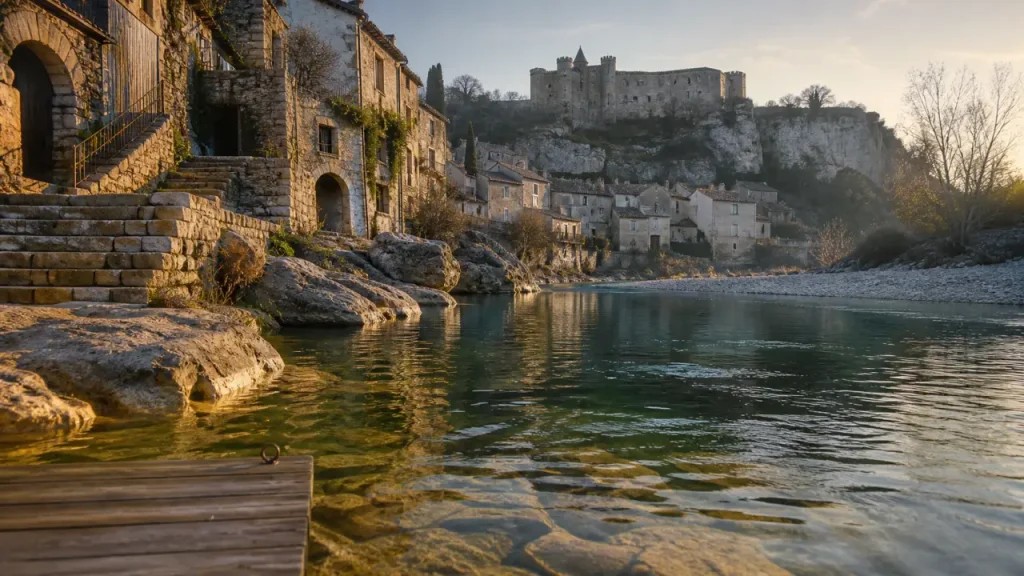 Tourisme Vogüé Ardèche : ruelle en pierre et château au-dessus de l’Ardèche