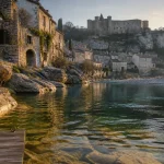Tourisme Vogüé Ardèche : ruelle en pierre et château au-dessus de l’Ardèche