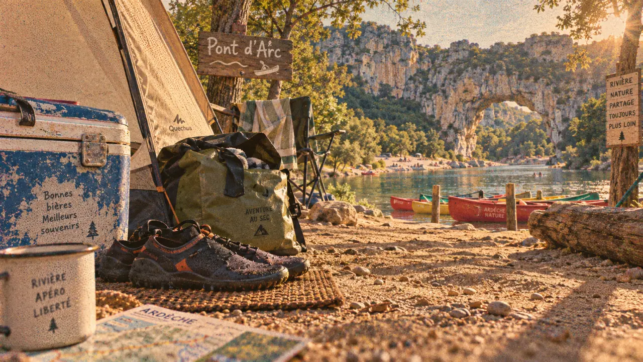 Vacance en Ardèche camping : tente près de la rivière et Pont d’Arc