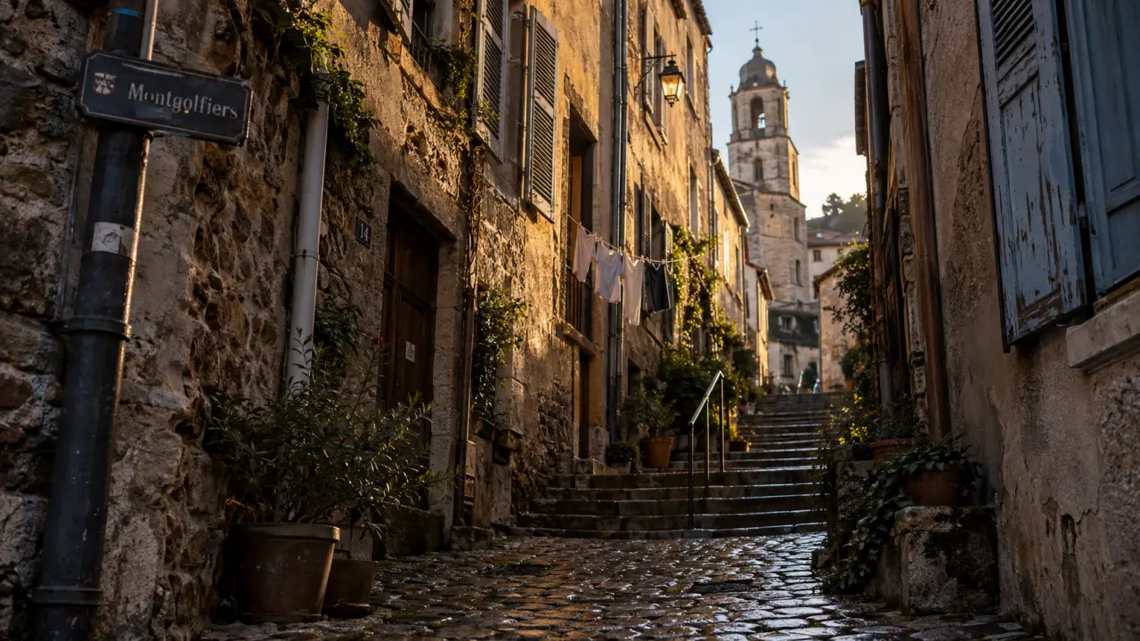 Visiter Annonay : ruelle en pente, montgolfières et clocher