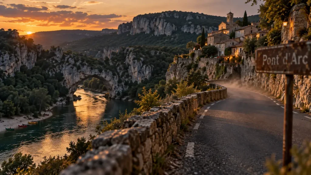 Voyage en Ardèche : route vers les gorges et villages, crépuscule