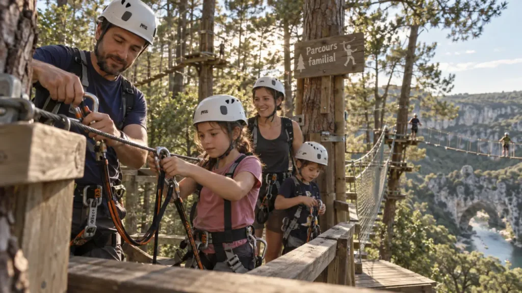 Accroche toi aux branches Vallon Pont d’Arc : parcours familial accrobranche entre pins.