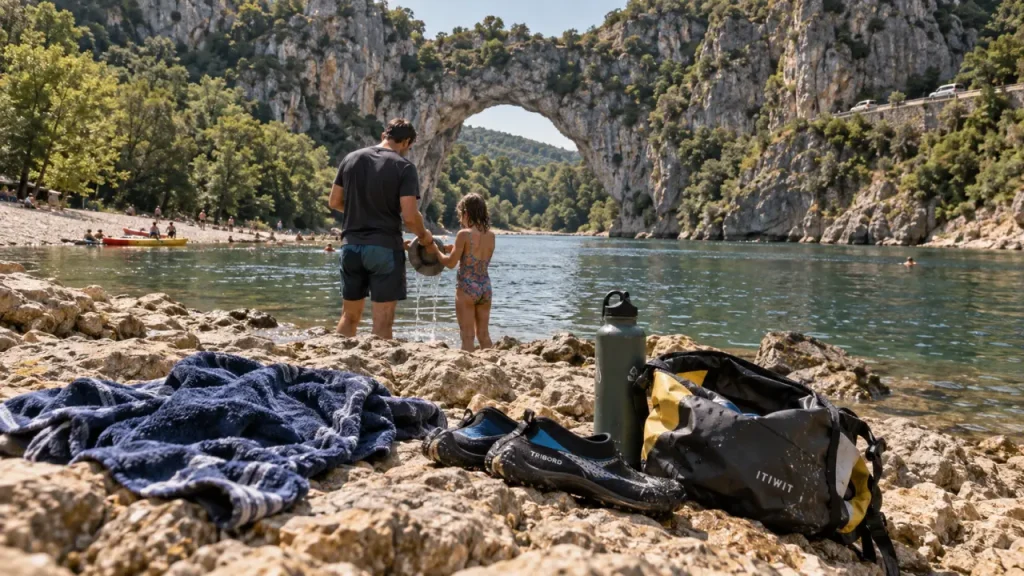 Ardèche en ete au Pont d’Arc, baignade fraîche