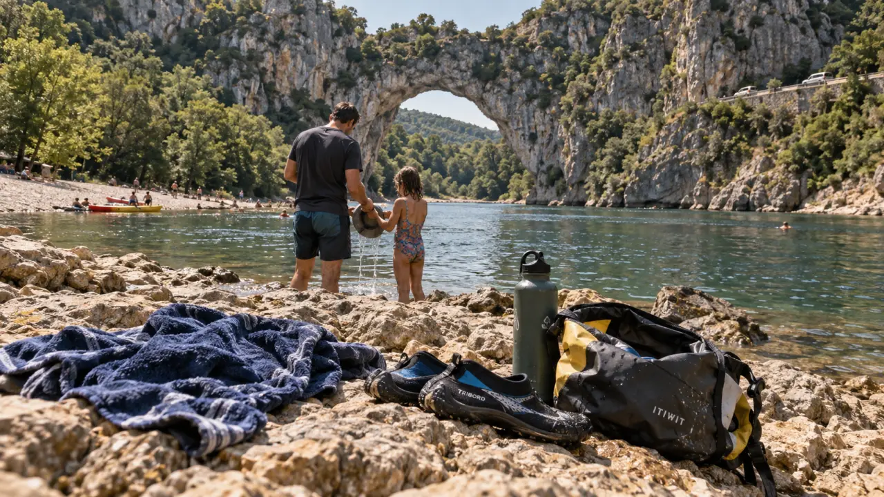 Ardèche en ete au Pont d’Arc, baignade fraîche