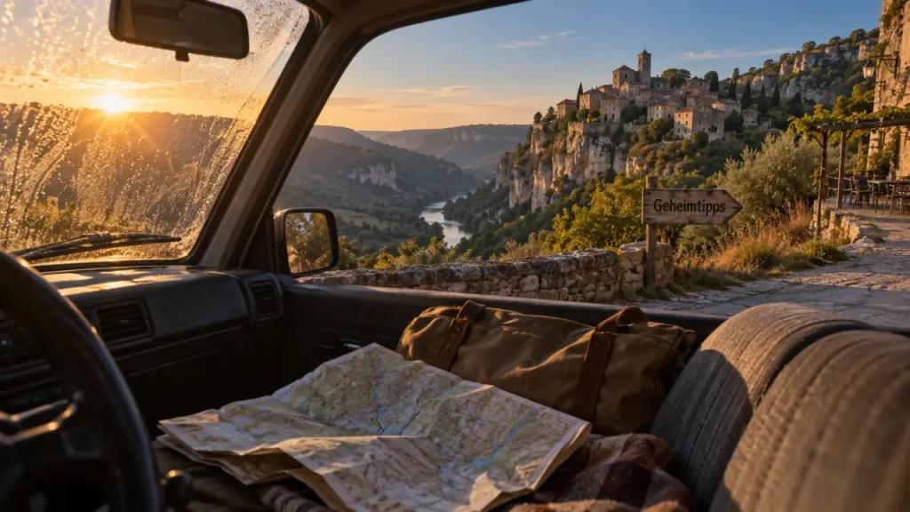 Ardèche geheimtipps : route secondaire au lever du soleil, village en pierre