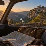 Ardèche geheimtipps : route secondaire au lever du soleil, village en pierre