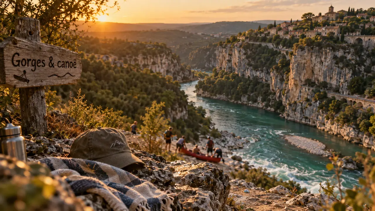 Ardeche loisirs : canoë dans les Gorges de l’Ardèche au coucher du soleil