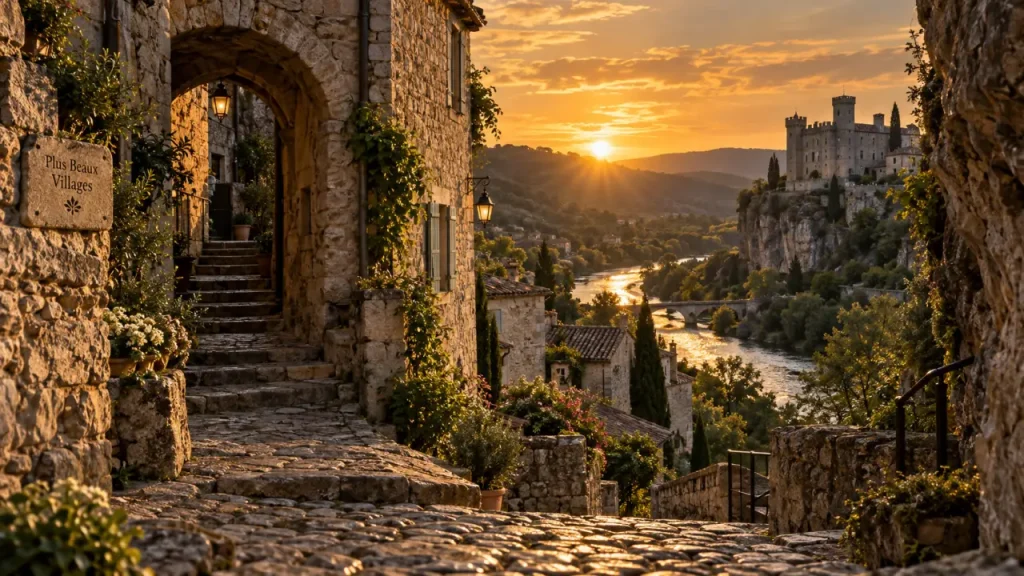 Ardèche plus beau village de France : ruelle de Balazuc et aperçu de Vogüé
