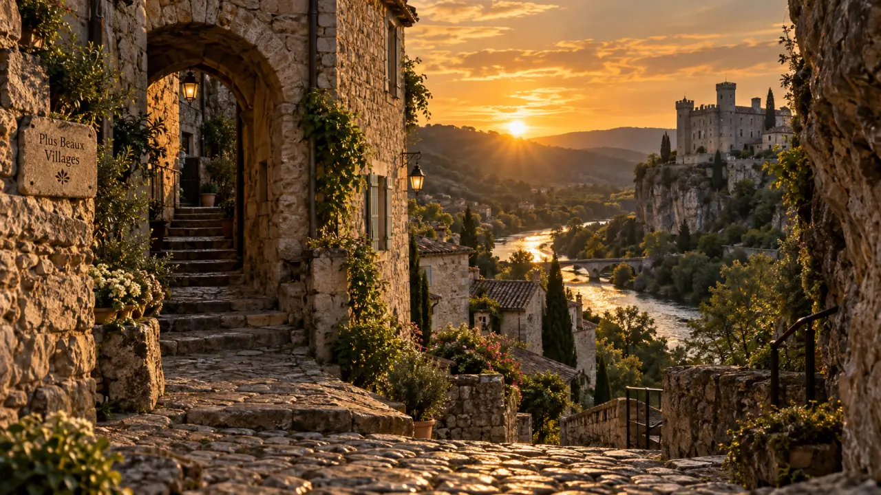 Ardèche plus beau village de France : ruelle de Balazuc et aperçu de Vogüé