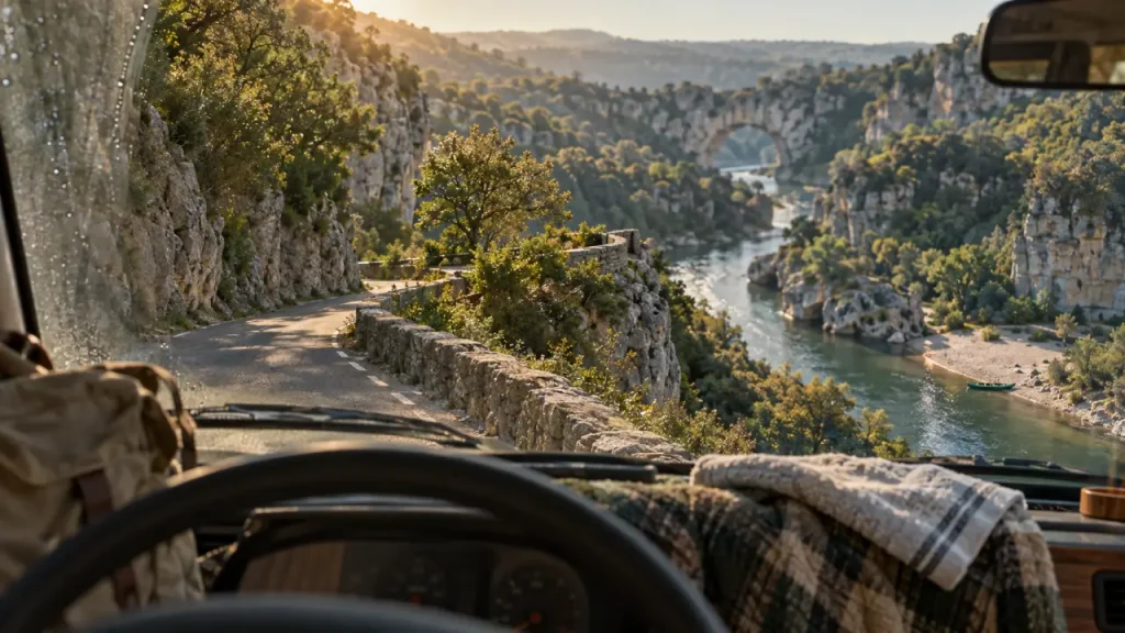 Ardèche touristique : route vers les gorges, Pont d’Arc flou