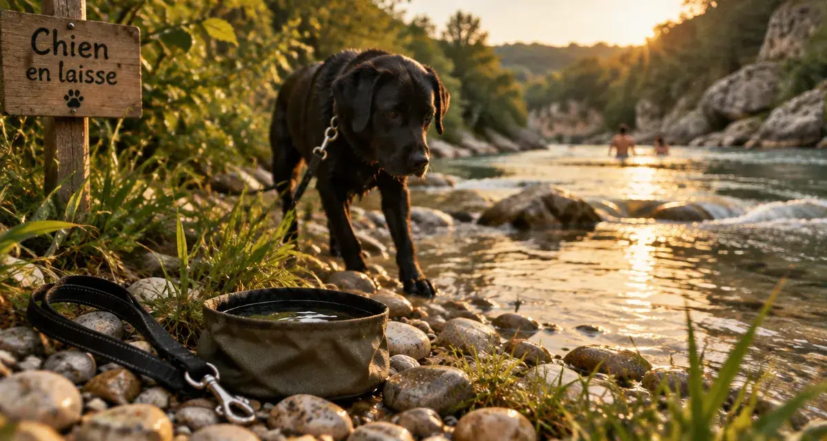 Baignade chien Ardèche : chien en laisse près de l’eau
