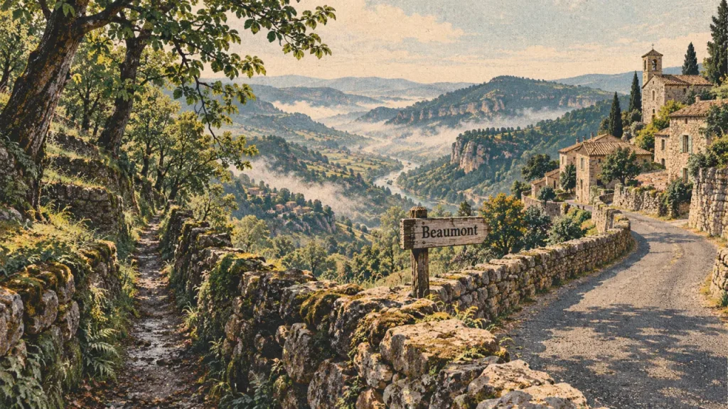 Beaumont Ardèche tourisme : route sinueuse vers un hameau