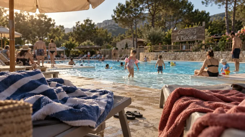 Camping Ardèche piscine 3 étoiles : bord de piscine et serviettes