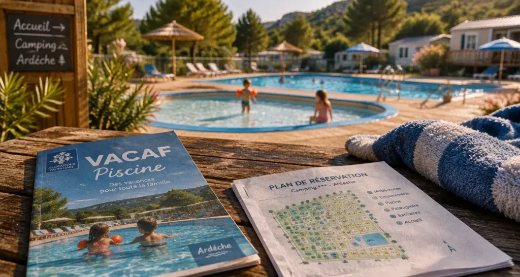 Camping ardèche VACAF avec piscine : entrée et brochure